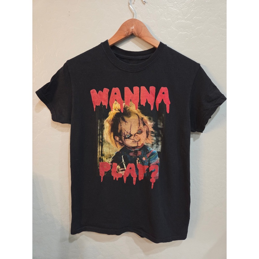 Chucky Child's Play Wanna Play Horror Movie Graphic T-Shirt Black Small